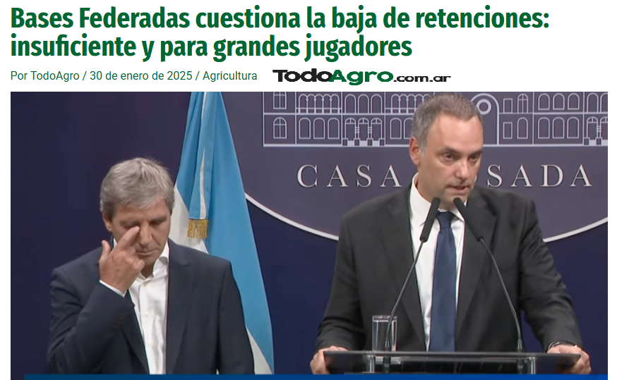 Bases Federadas cuestiona la baja de retenciones: insuficiente y para grandes jugadores