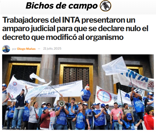 Trabajadores del INTA presentaron un amparo judicial para que se declare nulo el decreto que modificó al organismo