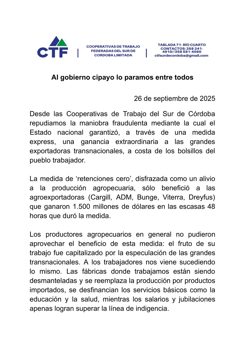 Notas Recibidas por las Cooperativas de Trabajo del Sur de Córdoba en repudio por ganacia extraordinaria a las grandes exportadoras.