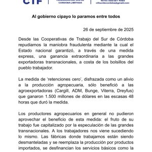 Notas Recibidas por las Cooperativas de Trabajo del Sur de Córdoba en repudio por ganacia extraordinaria a las grandes exportadoras.